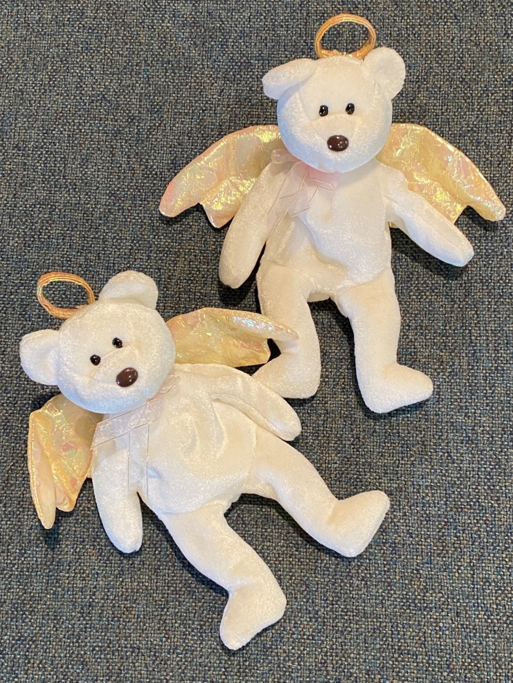 👼🏻 2 Ty Plush Halo Angel White Bear Beanie Babies🎀 Iridescent Wings Gold 1998